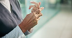 Knuckles, anxiety and hands of doctor in hospital with worry for diagnosis, results and medical crisis. Healthcare, clinic and woman with stress for patient loss, mistake and failure in surgery