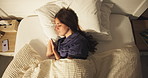 Sleeping, above and woman on bed with fatigue, calm and dreaming in bedroom with pillow in apartment. Nap, relax and cozy rest on mattress with tired, morning peace and weekend break in house