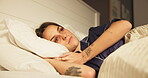 Thinking, tired and wake up with woman in bedroom for reflection, memory and morning routine. Relax, resting and wellness with person lying in bed of home for energy, comfortable and inspiration