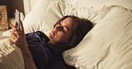 Stretching, phone and wake up with woman in bedroom for yawning, notification and morning routine. Relax, social media and wellness with person in home for energy, comfortable and online update