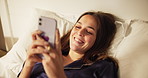 Relax, happy and woman with phone in bed for networking, communication or contact in home. Smile, mobile app and female person with cellphone for scrolling on social media in bedroom at apartment.