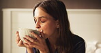 Coffee, thinking and smile with woman in bedroom for morning, peace and reflection. Happiness, calm and drinking tea with person and caffeine mug in home for inspiration, wellness and vision
