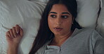 Awake, woman and scared with nightmare in bed with nap, tired or fatigue for fright at home. Fear, bad dream or sleeping trouble with female person in bedroom, afraid or sleepless problem at house