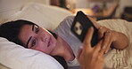 Texting, online dating and woman with smartphone, bedroom and communication with contact on website. Typing, message and person with mobile for chat, relax and tech for social media, night and house
