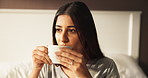 Coffee, thinking and relax with woman in bedroom for morning, peace and reflection. Happiness, calm and drinking tea with person and caffeine mug in home for inspiration, wellness and vision