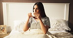 Bedroom, home and drinking coffee with woman, morning and start day with aroma, calm and smell. Daydreaming, apartment and person with caffeine, herbal tea and thinking with peace, choice or decision