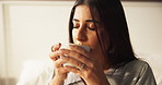 Happy, home and drinking coffee with woman, morning and start day with break, peace and smell. Calm, apartment and person with caffeine, herbal tea and thinking with rest, daydreaming and gratitude