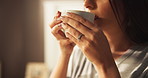 Hands, home and drinking coffee with woman, morning and start day with break, aroma and smell. Closeup, apartment and person with caffeine, herbal tea and thinking with peace, daydreaming and calm
