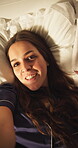 Happy, woman and vlog on bed, talking and virtual chat for fans on social media or content creation. Bedroom, influencer and person with smile for live stream at night, face and communication in home