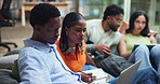 Creativity, laptop and business people in office, planning and brainstorming for web design. Group, employees and cooperation in workplace, computer and feedback for project, email and conversation