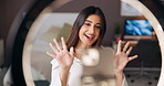 Web, vlogger and woman with ring light, live streaming and talking to fans on social media and home. Online, influencer and person with tech for tips, broadcast and advice for subscribers in bedroom