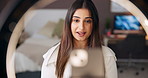 Live streaming, woman and influencer in home for vlogging, recording or broadcast channel. Phone, light and female content creator with advice, tips or online talkshow with equipment in house.