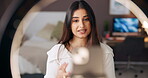 Home, vlogger and woman with ring light, live streaming and talking to fans on social media and web. Online, influencer and person with tech for tips, broadcast and advice for subscribers in bedroom