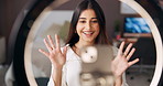 Home, vlogger and woman with ring light, social media and talking to fans on web and live streaming. Online, influencer and person with tech for tips, broadcast and advice for subscribers in bedroom