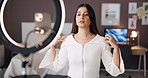 Fashion, woman and video with ring light in home for getting ready, evening outfit and styling. Content creation, influencer and phone recording for social media, vlogging and live streaming at night