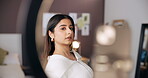 Fashion, woman and phone with ring light in home for getting ready, evening outfit or styling. Content creation, influencer or smartphone recording for social media, clothing vlog and video at night