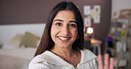 Influencer, wave and face of woman in home talking for online podcast, broadcast and live streaming. Content creation, pov and portrait of person for social media, recording and vlog for audience 