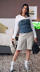 Face, woman and influencer for fashion at house for getting ready, evening outfit and styling tips. Portrait, content creator and confident with clothes choice, wardrobe check and jewellery for vlog 