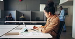 Writing, tablet and woman with documents for statistics, website analysis and research for seo. Creative, professional and person with notes, graph and chart for online review, web report and project