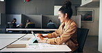 Office, web designer and woman on tablet in office for website review, research and statistics. Creative, professional and person with digital tech for web design, homepage layout and planning
