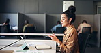 Tablet, video call and businesswoman with notebook in office for online meeting with finance client. Tech, talking and financial advisor with virtual discussion for investment plan in coworking space