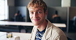 Face, business and man with smile in office for career pride, about us and journalist at agency. Portrait, male person and laugh for funny joke, media reporter and news publication in coworking space