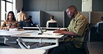Writing, tablet and business man in office with notes for seo research, project review and report. Creative worker, coworking and person on digital tech for website, internet analytics and planning