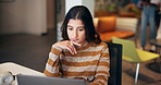 Business, thinking and woman in office, laptop and planning for creative project, internet and email. Person, copywriting and employee in workplace, computer and problem solving with online reading