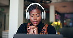 Laptop, video call and woman with headphones, home and virtual meeting for job interview and online. Talking, candidate and black person with tech for digital conversation, opportunity and house
