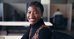 Happy, creative and face of woman in office for interior design, about us and company pride. Business, laughing and portrait of worker in coworking space for creative consultant, career and job