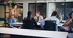 Speaker, office and woman with business people in meeting for planning, headline ideas and feedback. Creative, media agency and workers in discussion for online magazine, copywriting and project