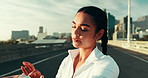 Tired woman, fitness or watch in city for workout, performance or tracking exercise on bridge. Active, female person and checking wristwatch for training schedule, health or wellness in an urban town