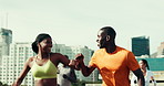 Running club, fist bump and people in city for exercise, workout and marathon training outdoor. Personal trainer, sports and men with women in road for endurance, challenge or performance for fitness