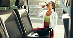 Fitness, smoothie and woman by car in city for rest after exercise, training and outdoor workout. Sports, vehicle and person with drink on break, relax and recovery for wellness, health and hydration
