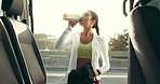 Fitness, drink and woman by car in city for rest after exercise, training and outdoor workout. Sports, vehicle and person with smoothie on break, relax and recovery for wellness, health and hydration