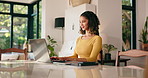 Happy, remote work and woman on laptop in home for website review, research and copywriting. Freelancer, editor and person on computer for reading online report, article and feedback in house