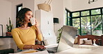 Coffee, remote work and woman on laptop in home for website review, seo research and analytics. Freelancer, drinking and person on computer with statistics, documents and graph for online report
