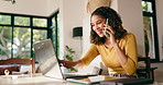 Happy woman, laptop and home with phone call for discussion, conversation or funny chat. Female person, freelancer or designer talking on mobile smartphone or laughing on computer for remote work