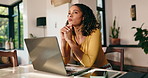 Remote work, laptop and woman in home thinking for online article, writing inspiration and planning. Creative, freelancer and person on computer for copywriting ideas, blog report or project in house