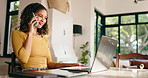 Happy woman, laptop and home with phone call for business discussion, conversation or chat. Female person, freelancer or designer talking on mobile smartphone with computer for remote work at house