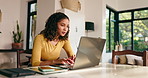 Remote work, laptop and woman in home typing for online article, writing proposal and web research. Creative, freelancer and person on computer for copywriting, editing report and project in house