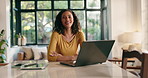 Woman, laptop and face with remote work from home, arms crossed or smile for project in living room. Person, writer and computer for pride, portrait or editing process for freelance job in Costa Rica