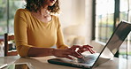 Hands, laptop and typing with remote work from home, project management and review in living room. Person, writer and computer with click, feedback and editing process for freelance job at house