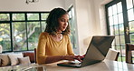 Woman, laptop and typing with remote work from home, project management and review in living room. Person, writer and computer with click, feedback and editing process for freelance job at house