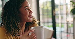 Home, thinking and woman with coffee, smile and thoughtful with ideas, daydreaming and caffeine. Apartment, cup and happy person in lounge, morning and break with cappuccino, relax and herbal tea