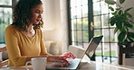 Happy woman, journalist and typing with coffee on laptop for research or communication at home. Female person, journalism or copywriter in remote work on computer for news article or email at house