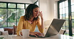 Burnout, employee and woman with laptop, home and video editor with headache for workload or online. Creative, remote work and person with stress for deadline, tired and migraine for project on web
