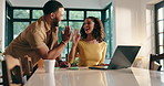 High five, online shopping and couple with laptop, card or happy for digital payment or celebration. Customer, man and woman with smile for ecommerce, laughing and excited for credit on web and house