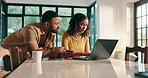Home, online shopping and couple with laptop, card and choice for ecommerce, app or digital payment. Customer, man and woman with tech for discount, credit or decision for product on website in house