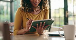 Happy, employee and woman with tablet, home and web designer with stylus for project or remote work. Online, graphic design and person with tech for logo, creative and smile for assignment in house